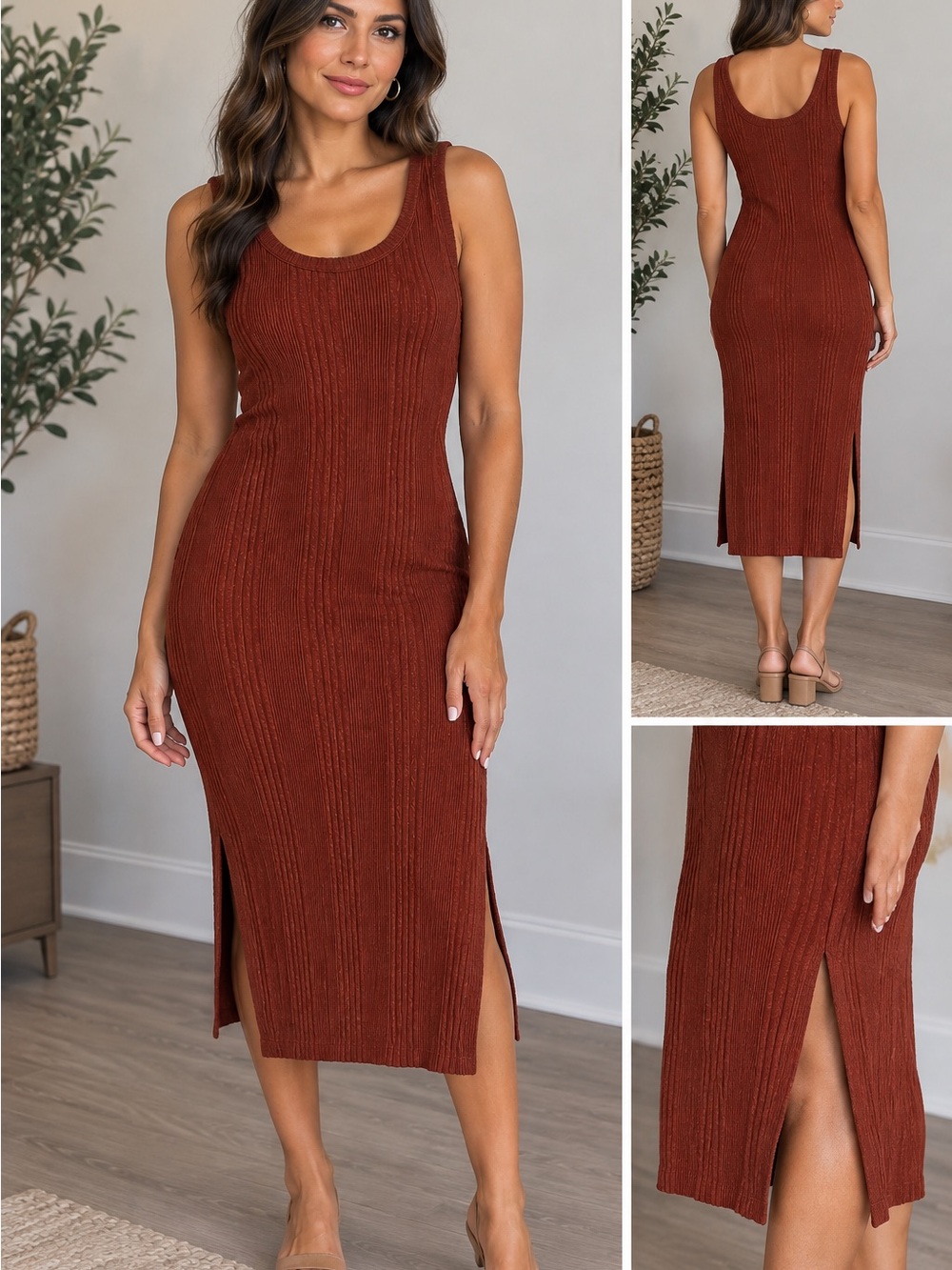 a new day Rust Ribbed Tank Midi Dress